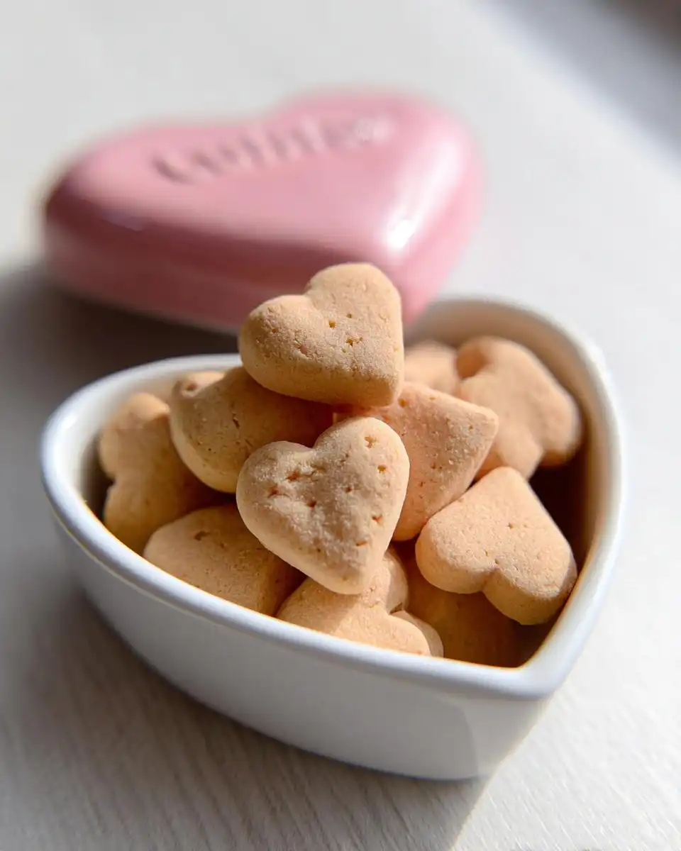 A white, heart-shaped bowl filled with small, heart-shaped Soft Valentine Dog Treats for Puppies.