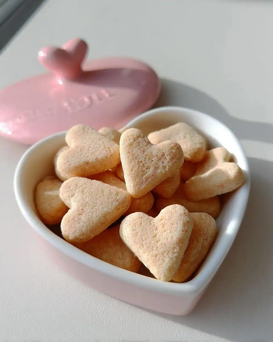 A heart-shaped bowl filled with soft Valentine dog treats for puppies, next to the pink lid.