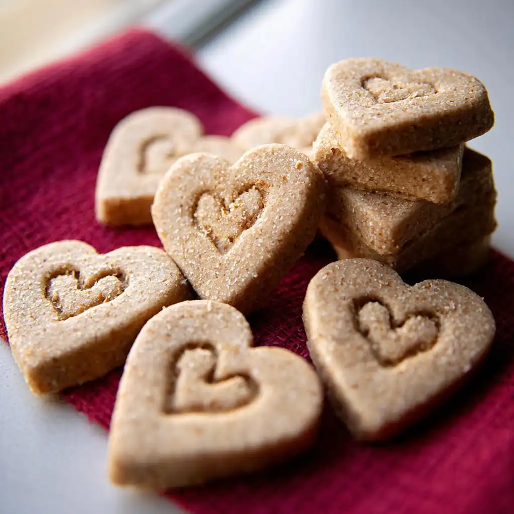 Close-up of heart-shaped Valentine Apple Cinnamon Dog Biscuits stacked and scattered on a red cloth.