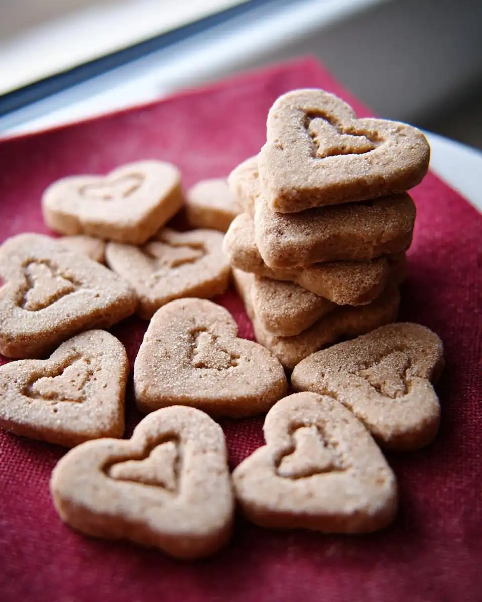 A stack and scattering of heart-shaped Valentine Apple Cinnamon Dog Biscuits on a red cloth.