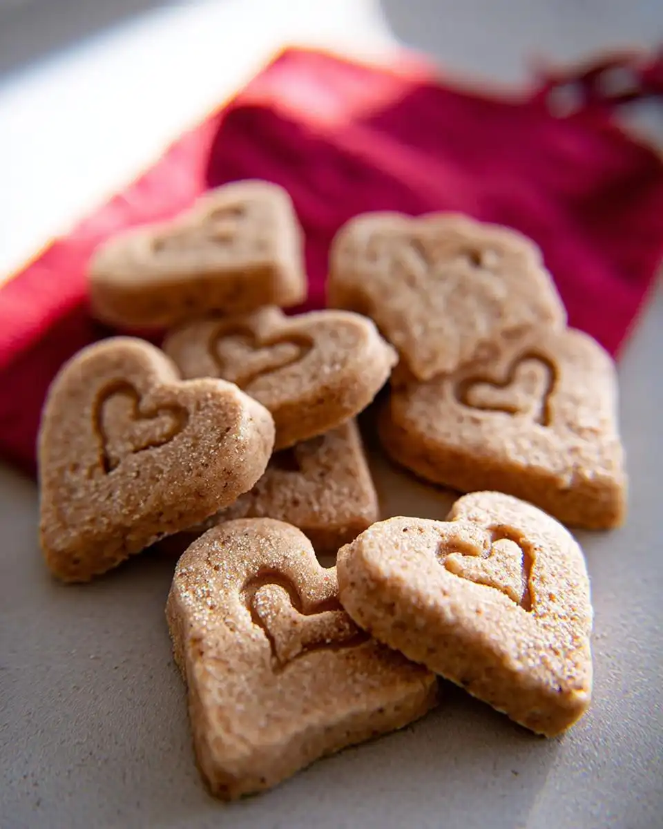 A pile of heart-shaped Valentine Apple Cinnamon Dog Biscuits with small heart impressions, set against a red background.