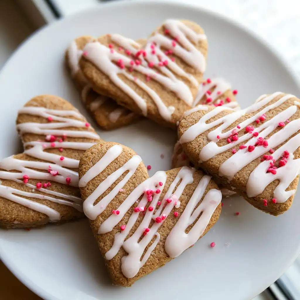 Close-up of heart-shaped Valentine Dog Treats with Yogurt Drizzle, topped with pink sprinkles on a white plate.