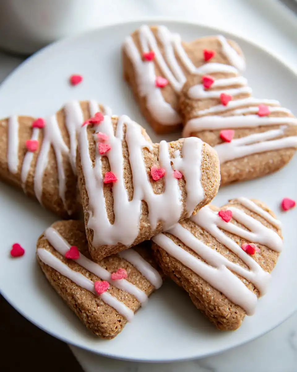 Close-up of heart-shaped Valentine Dog Treats with Yogurt Drizzle, topped with pink sprinkles.