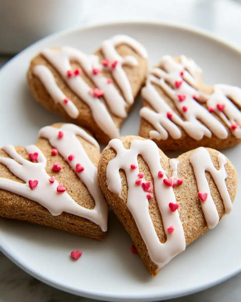 Four heart-shaped Valentine Dog Treats with Yogurt Drizzle, topped with red sprinkles, arranged on a white plate.