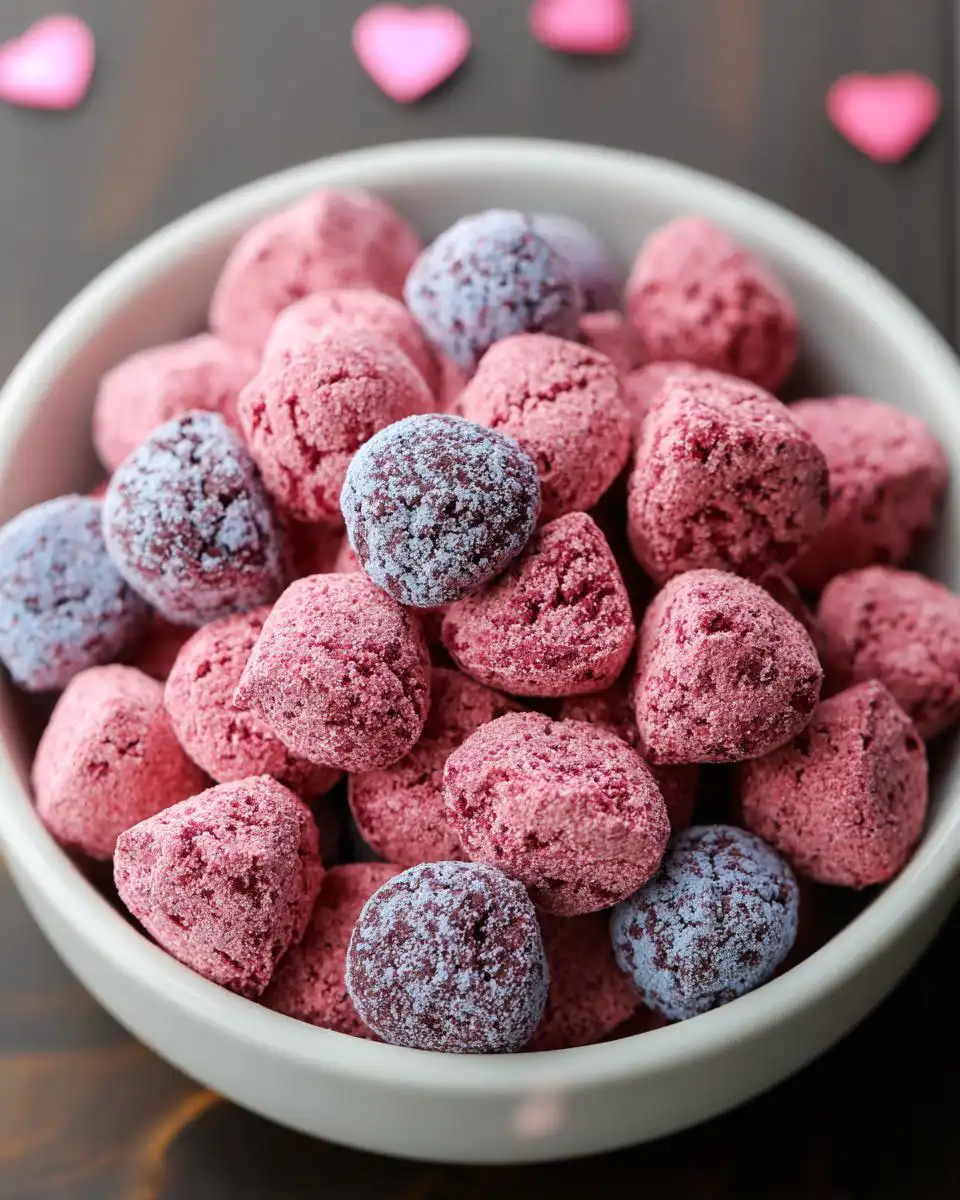 Close-up of pink and blue coated pieces of Healthy Puppy Chow for Dogs in a white bowl, with heart decorations blurred in the background.