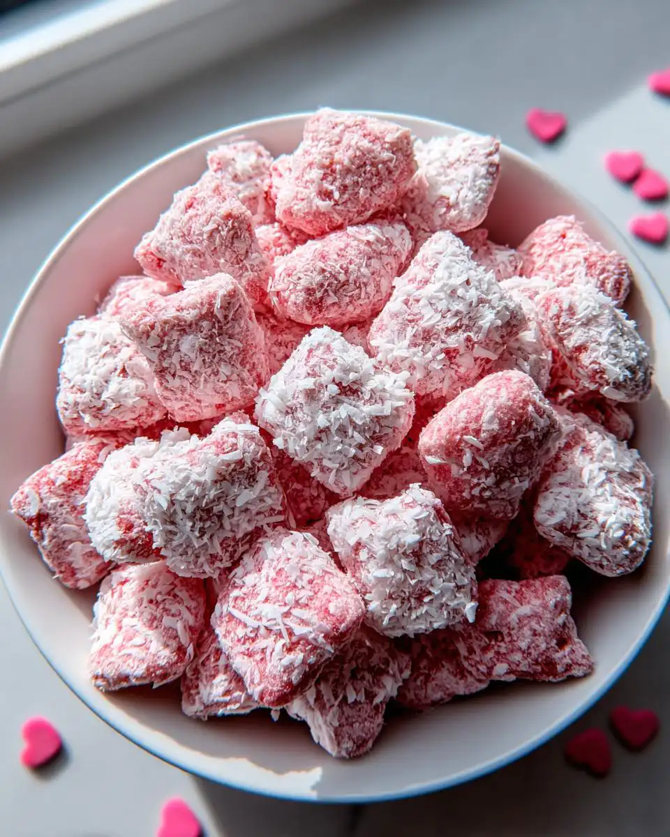 A bowl filled with pink, coconut-covered Valentine Puppy Chow Without Cocoa treats.