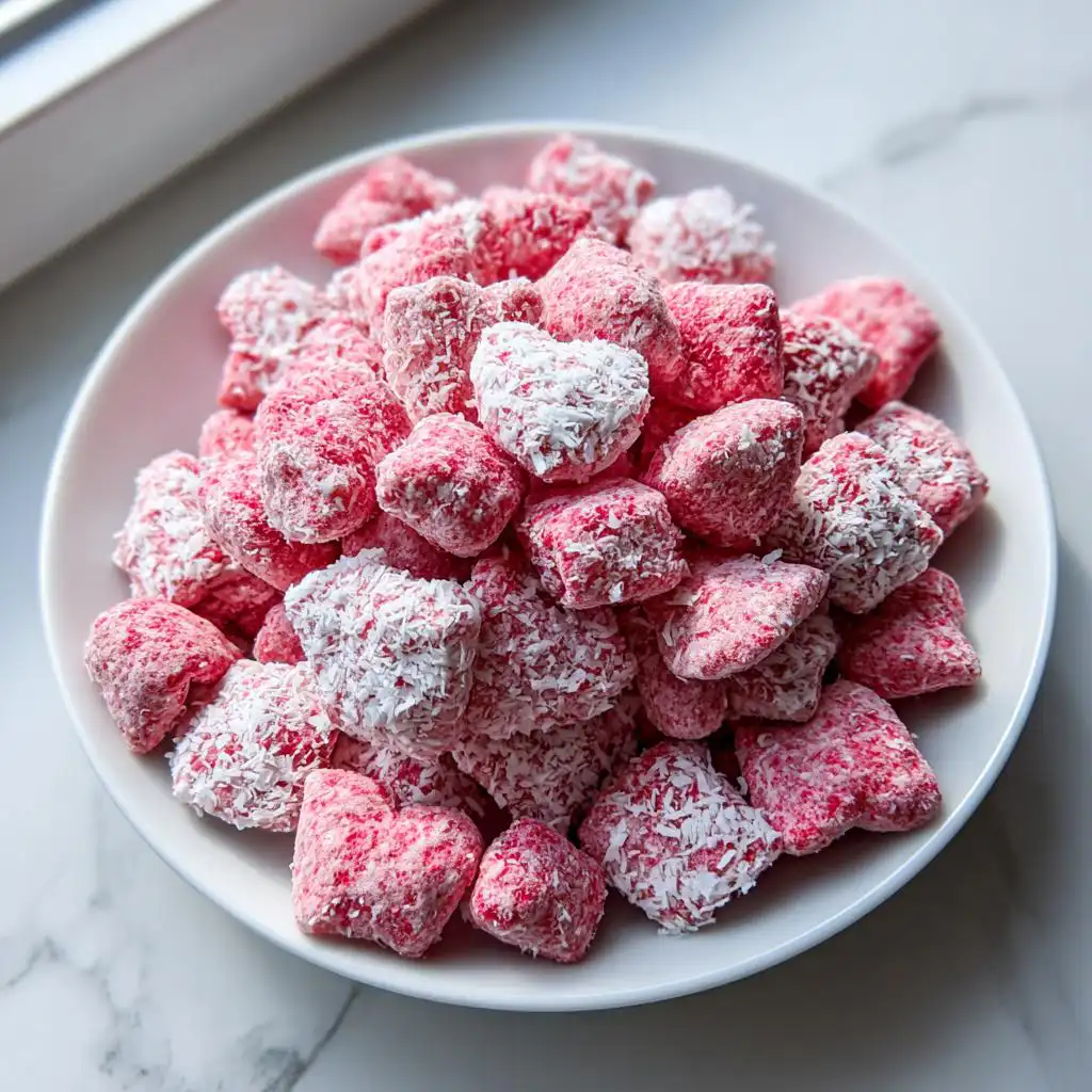 A white bowl filled with pink, coconut-coated Valentine Puppy Chow Without Cocoa, some pieces shaped like hearts.