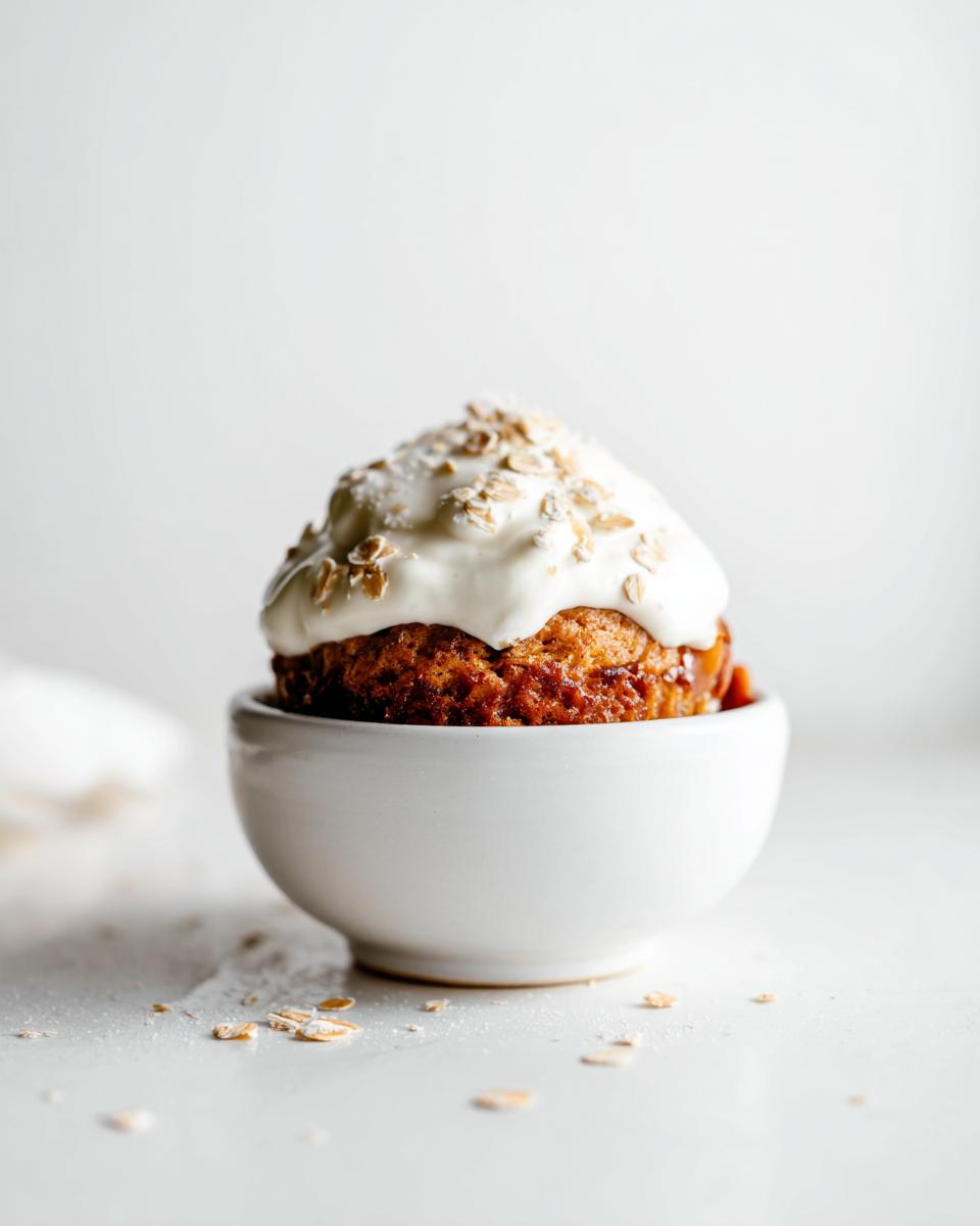 A single, frosted Dog Birthday Cupcake with Yogurt topping, sprinkled with oats, served in a small white bowl.