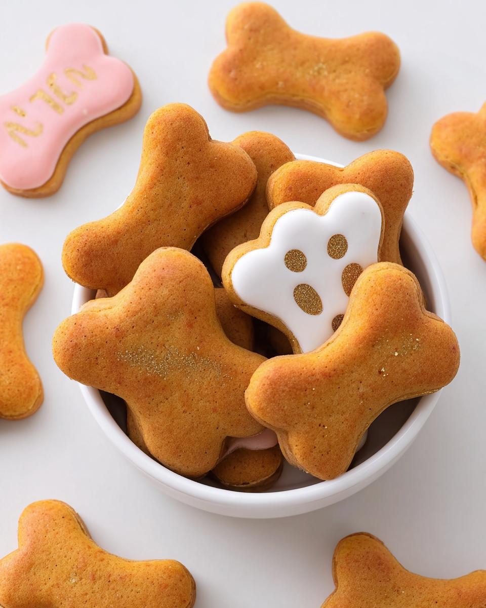 A white bowl overflowing with bone-shaped Birthday Dog Cookies, some plain and some decorated with white or pink icing.