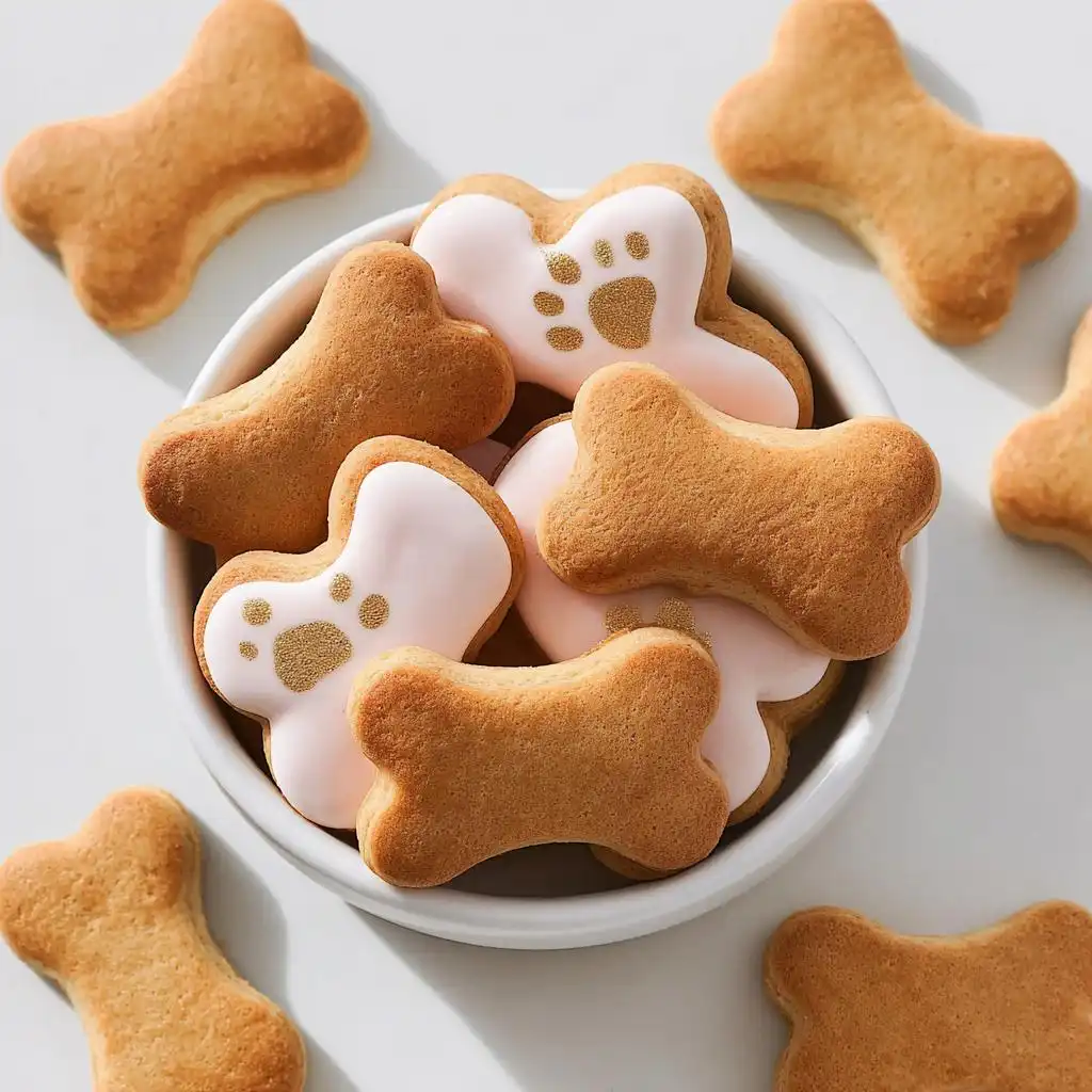 A white bowl filled with bone-shaped Birthday Dog Cookies, some plain and some decorated with pink icing and gold paw prints.