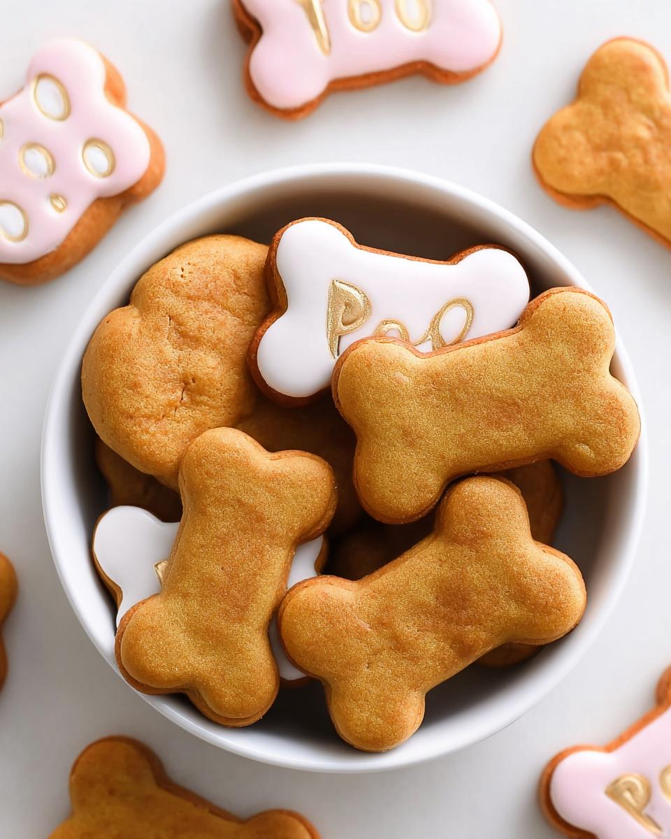 Overhead view of bone-shaped Birthday Dog Cookies piled in a white bowl, some decorated with white or pink icing.