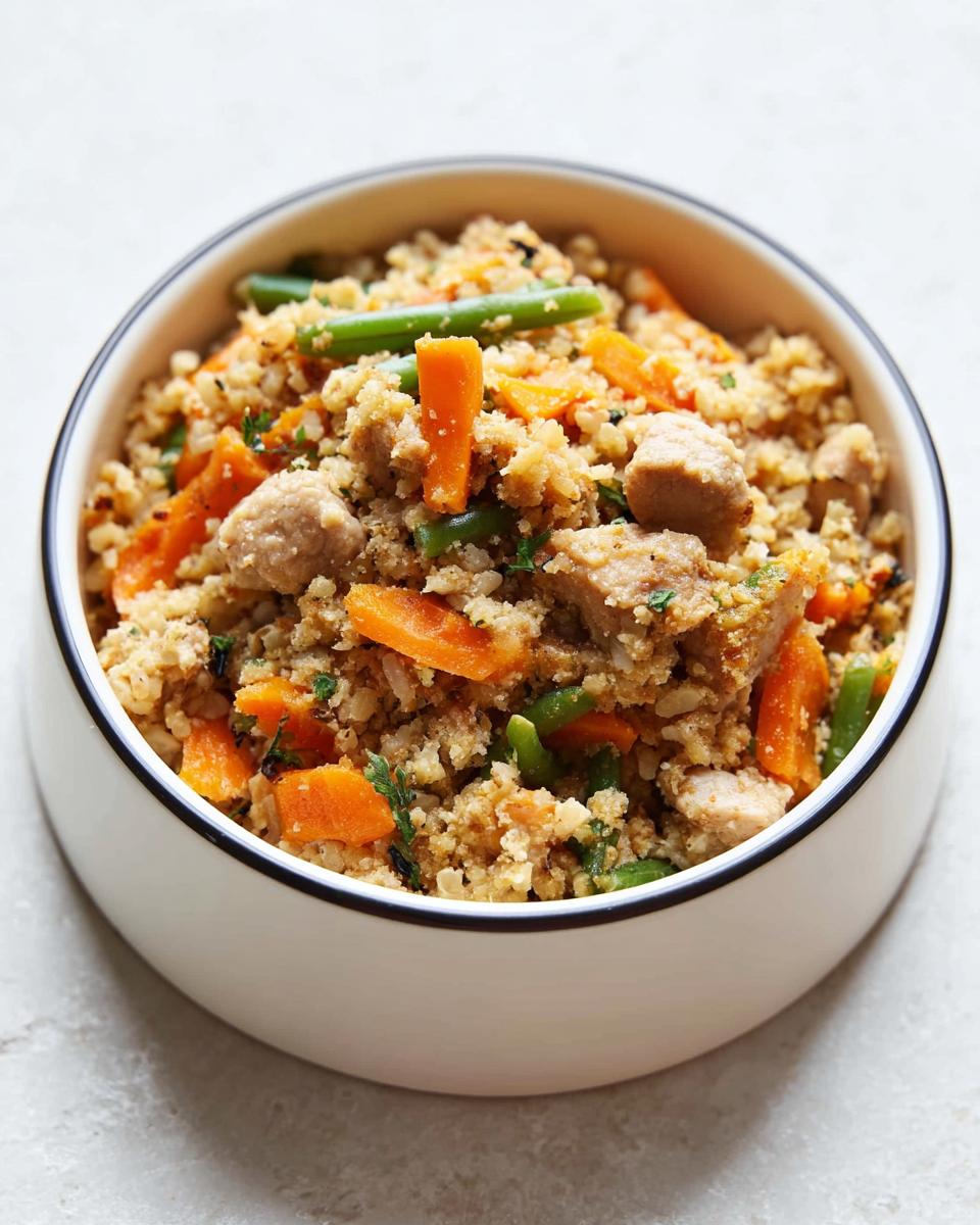 Close-up of a Homemade Dog Food Bowl filled with ground meat, carrots, and green beans.
