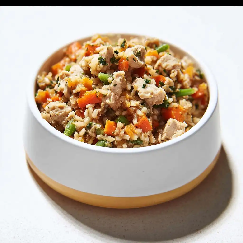 Close-up of a white and yellow bowl filled with homemade dog food: rice, chopped chicken, carrots, and green beans.