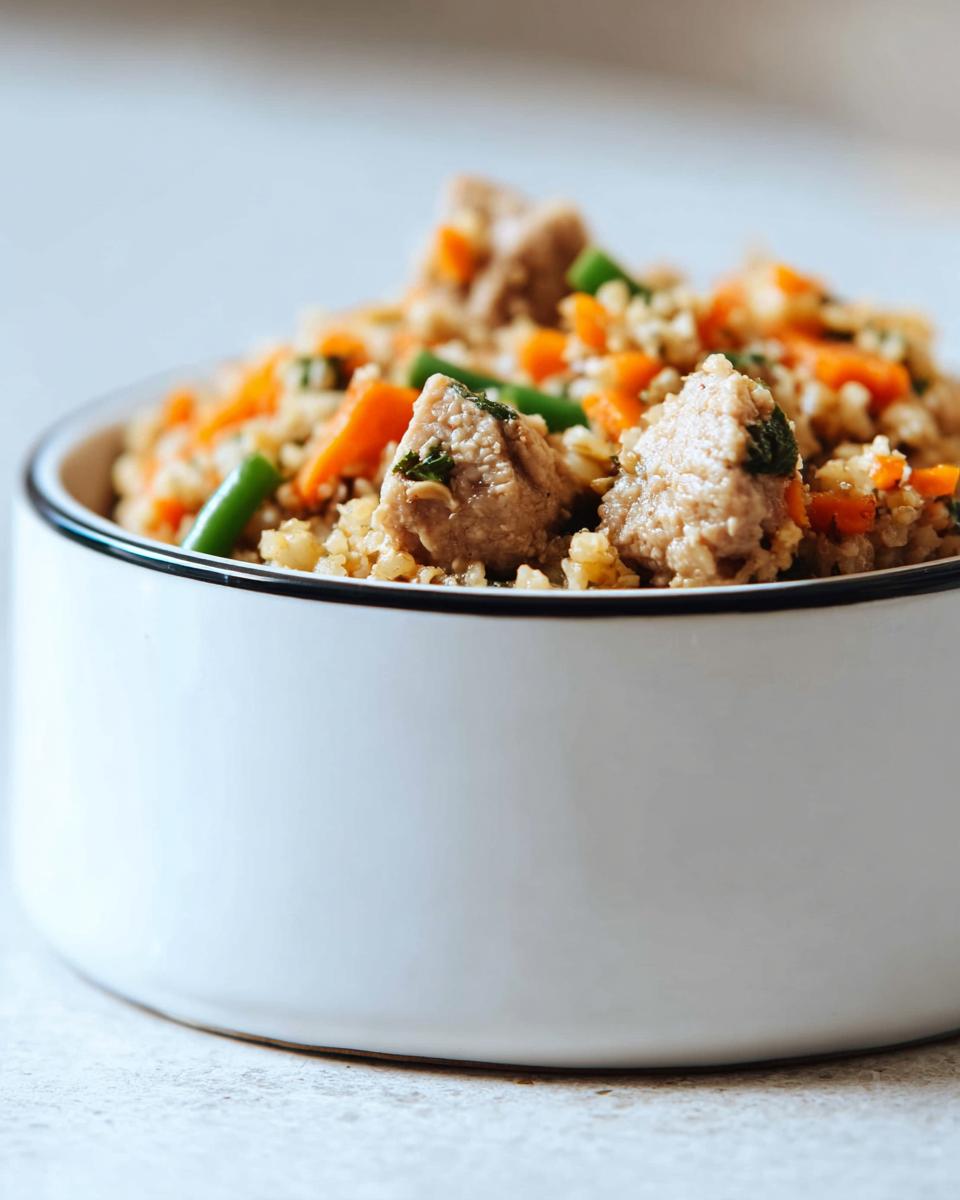 Close-up of a Homemade Dog Food Bowl filled with grains, chunks of meat, carrots, and green beans.