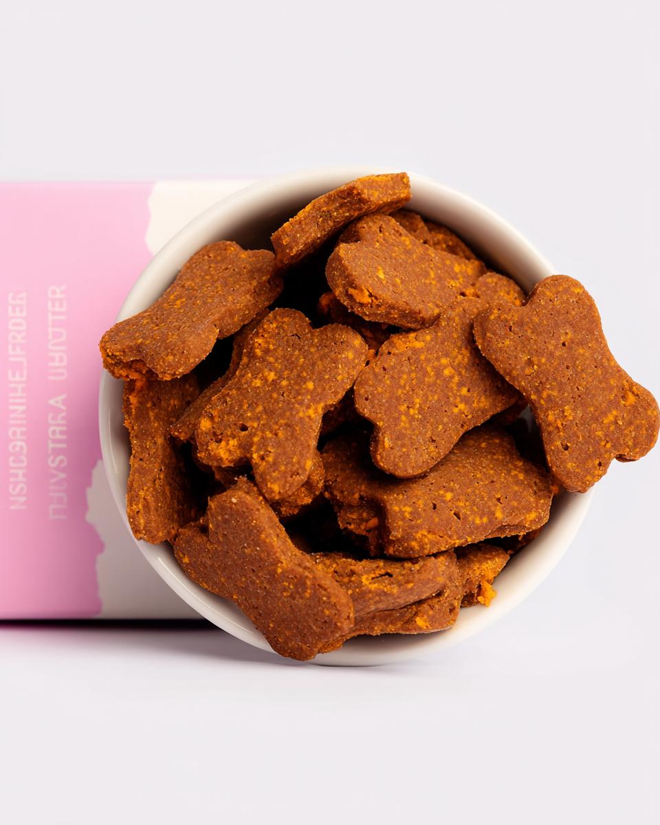 Close-up overhead view of bone-shaped Joint Support Dog Treats filling a small white bowl next to pink packaging.