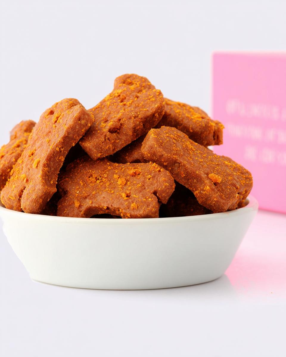 A white bowl filled with homemade, bone-shaped Joint Support Dog Treats, featuring an orange-speckled texture.
