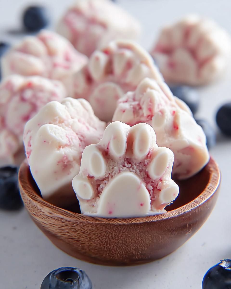 Close-up of paw-shaped Dog Ice Cream Treats with pink swirls, served in a small wooden bowl with fresh blueberries scattered around.