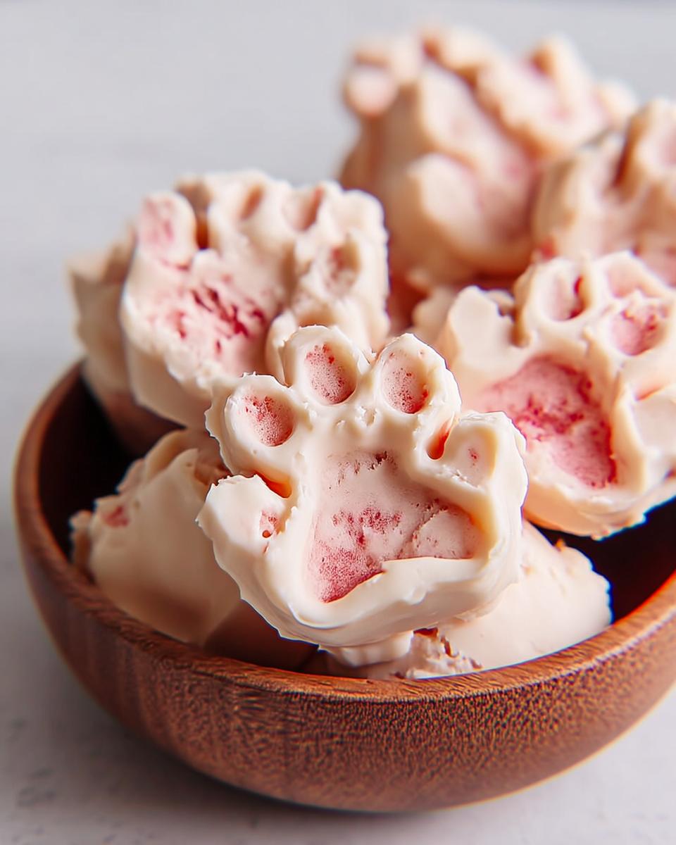 Close-up of frozen, paw-shaped Dog Ice Cream Treats with pink swirls, served in a small wooden bowl.